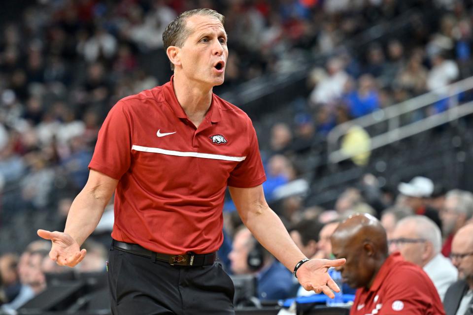 Arkansas head coach Eric Musselman reacts in the first half of a Sweet 16 college basketball game against Arkansas in the West Regional of the NCAA Tournament, Thursday, March 23, 2023, in Las Vegas. (AP Photo/David Becker)