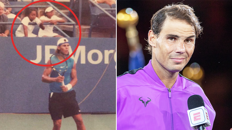  Rafa Nadal (pictured left) in 2006 training on Arthur Ashe Stadium at the US Open with Naomi Osaka pictured in the front row and (pictured right) Nadal during an interview.