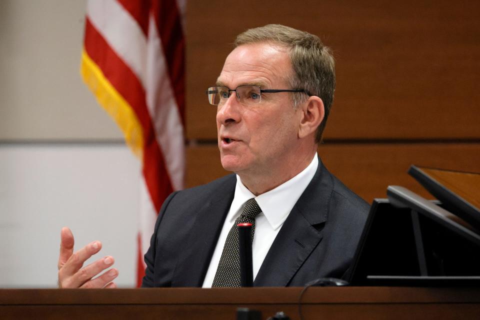 Forensic psychologist Dr. Charles Scott testifies during the penalty phase of the trial of Marjory Stoneman Douglas High School shooter Nikolas Cruz at the Broward County Courthouse in Fort Lauderdale on Monday, Oct. 3, 2022. Dr. Scott was hired by the prosecution as an expert witness to evaluate Cruz and diagnosed him with antisocial personality disorder. Cruz previously plead guilty to all 17 counts of premeditated murder and 17 counts of attempted murder in the 2018 shootings. (Amy Beth Bennett/South Florida Sun Sentinel via AP, Pool)