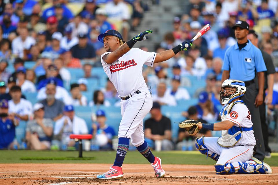 Jul 18, 2022; Los Angeles, CA, USA; Cleveland Guardians third baseman Jose Ramirez (11) hits in the first round during the 2022 Home Run Derby at Dodgers Stadium. Mandatory Credit: Gary Vasquez-USA TODAY Sports