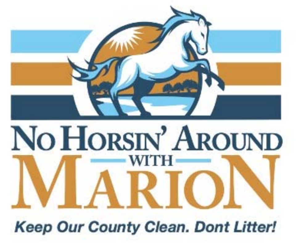 One of multiple potential logos for Marion County's No Horsin' Around with Marion campaign to combat roadside litter and illegal dumping.
