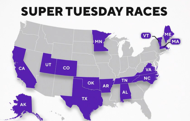 美國有15州在超級星期二這天舉行總統初選。翻攝CBS