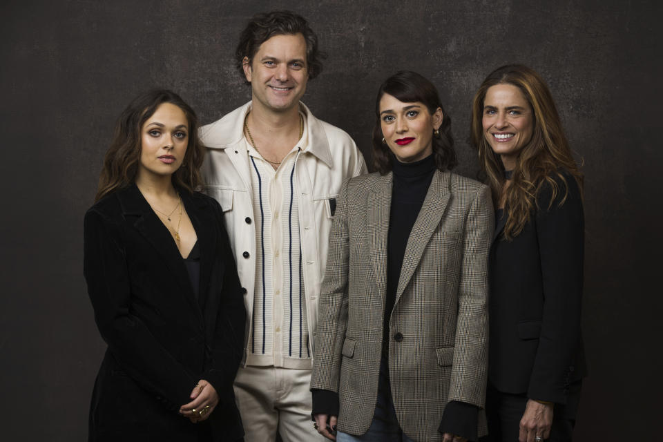FILE - Alyssa Jirrels, from left, Lizzy Caplan, Joshua Jackson and Amanda Peet, cast members in the Paramount+ television series "Fatal Attraction," pose for a portrait during the Winter Television Critics Association Press Tour on Jan. 9, 2023, in Pasadena, Calif. (Willy Sanjuan/Invision/AP, File)