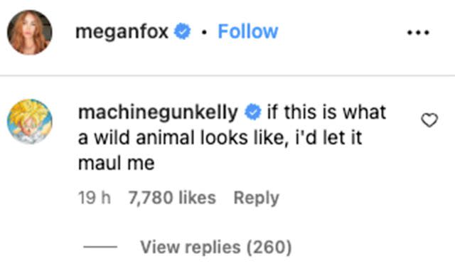 <p>Megan Fox/Instagram</p> Machine Gun Kelly comments on Megan Fox's Instagram post