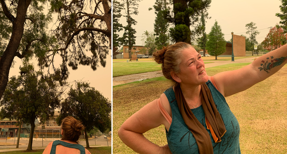 Split screen. Ms McSweeney's back as she looks at a tree and then front on as she points.