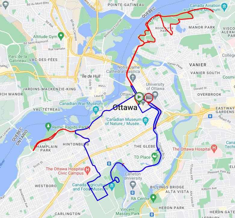 Road closures for the half marathon (in blue) and marathon (in red) on Sunday, May 26.