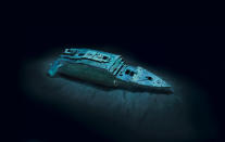 Vista de la proa del Titanic (modelada) que ofrece una amplia gama de detalles nunca antes vista. COPYRIGHT© 2012 RMS TITANIC, INC; Produced by AIVL, Woods Hole Oceanographic Institute. Modelado por Stefan Fichtel. <br> <a href="http://ngm.nationalgeographic.com/2012/04/titanic/sides-text" rel="nofollow noopener" target="_blank" data-ylk="slk:Vea más fotos en National Geographic.com;elm:context_link;itc:0;sec:content-canvas" class="link ">Vea más fotos en National Geographic.com</a>