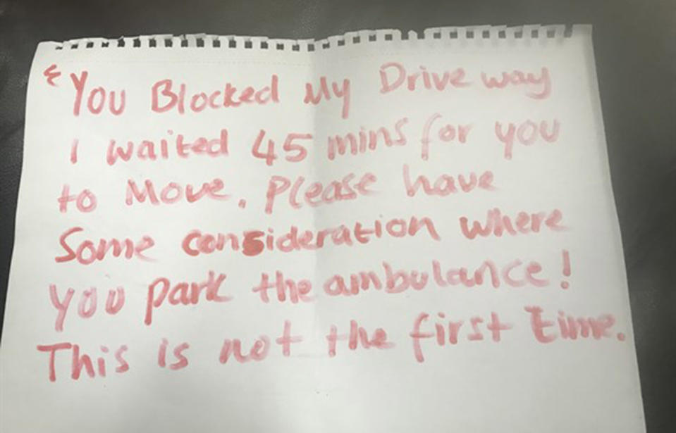 Leicester UK paramedics found a rude note left on Ambulance about a blocked driveway.