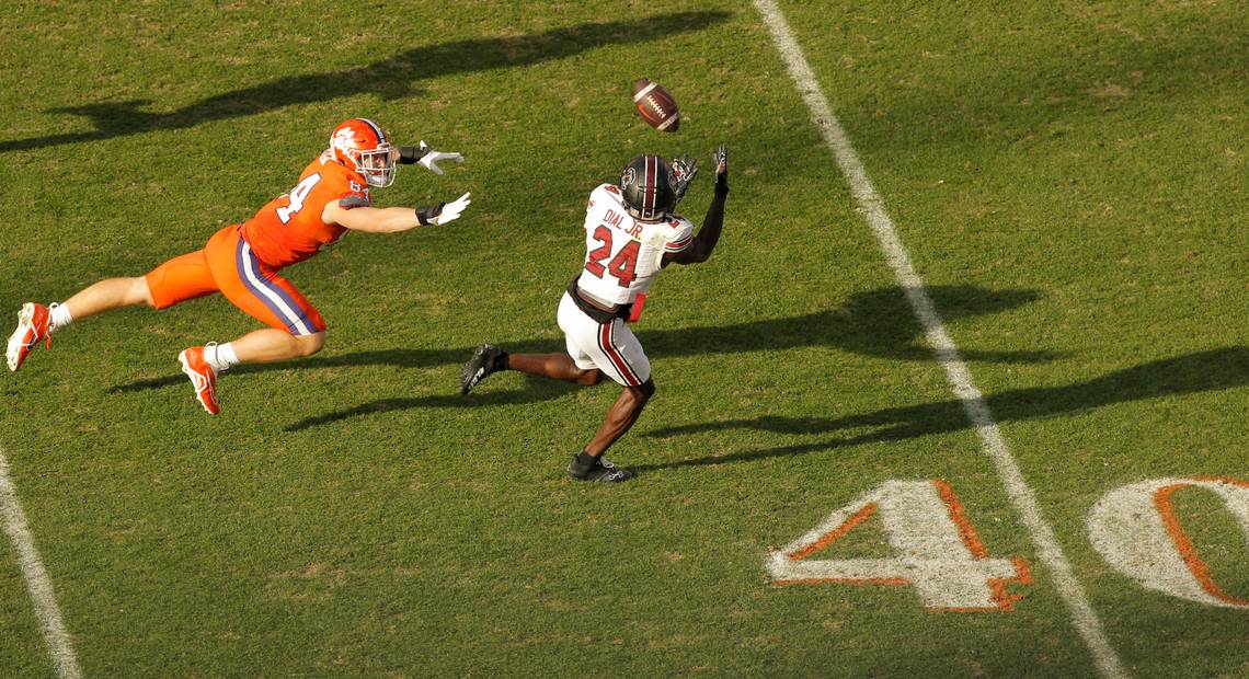 South Carolina defensive back Marcellas Dial (24) intercepts a pass in front of Clemson tight end Davis Allen (84) during fourth-quarter action in Clemson, S.C. on Saturday, Nov. 26, 2022.