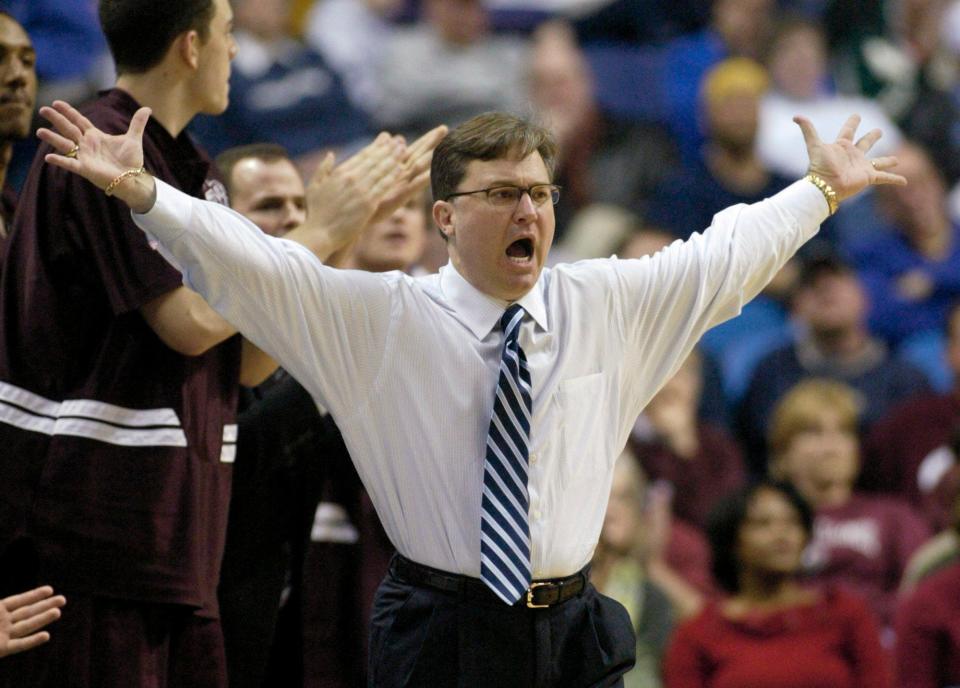 Missouri State's head coach Barry Hinson gestures to the officials in the second half of their Missouri Valley Conference tournament quarterfinal game against Northern Iowa Friday, March 4, 2005 in St. Louis. The Missouri Valley, which has been as high as fifth in this seasons' conference rankings, has a legitimate shot at sending an unprecedented four teams to the NCAA tournament this year.