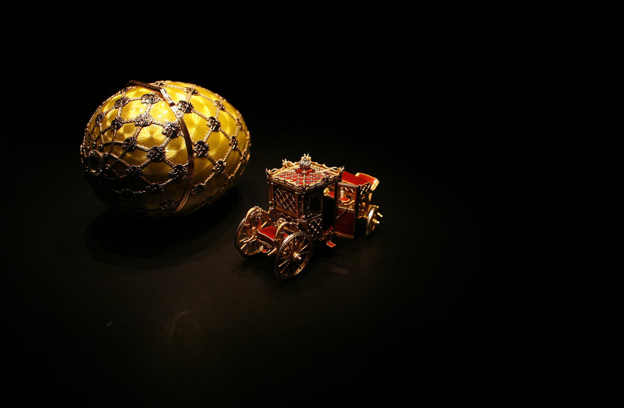 The Coronation Faberge egg is displayed during the exhibition 