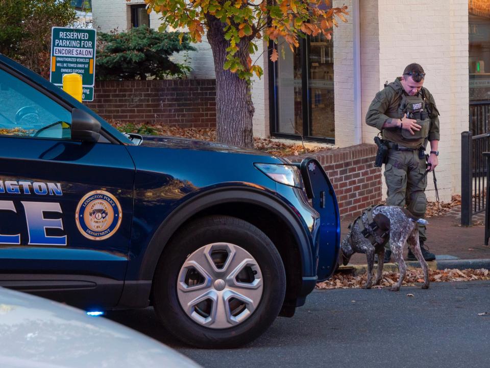 Washingtons and Lee University posted on its social media platforms and its website at 3:45 p.m. Wednesday afternoon that it had received a notice of a possible threat to campus. Lexington police and K9 unit from Rockbridge Sheriff deputies investigate an area near Macado's on South Main street in Lexington Nov. 1.. Nothing was found.