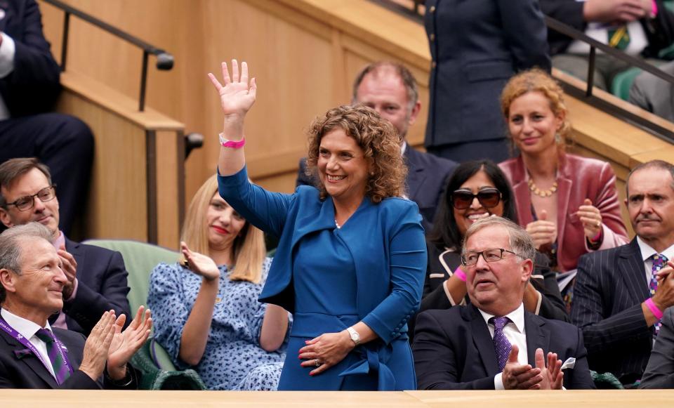 Hannah Ingram-Moore, daughter of Sir Tom Moore, in the royal box on centre court on day one of Wimbledon at The All England Lawn Tennis and Croquet Club, Wimbledon. Picture date: Monday June 28, 2021.