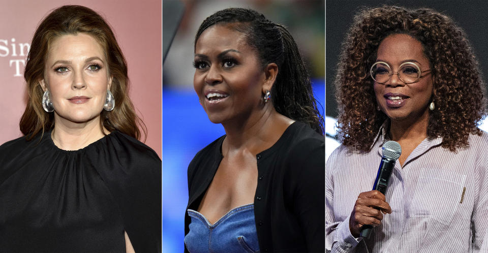 This combination of photos show actress abd talk show host Drew Barrymore, from left, former first lady Michelle Obama and media mogul Oprah Winfrey, who are among a growing number of celebrities who are talking publicly about menopause and women's reproductive health. (AP Photo)