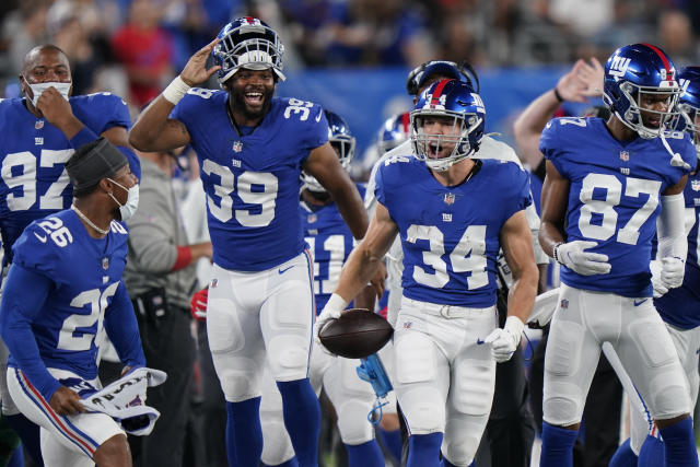 New York Giants running back Sandro Platzgummer (34) practices