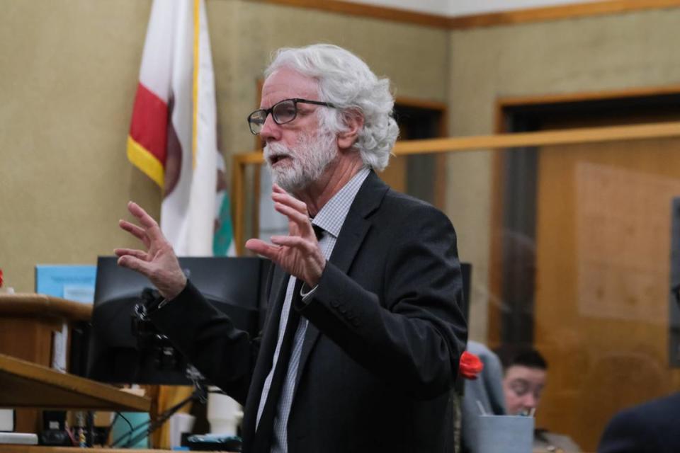 Defense attorney Jeffry Radding gives closing arguments in the murder case against his client, Brandi Turner, in San Luis Obispo Superior Court on Jan. 18, 2024. Turner is accused of selling the fentanyl to Quinn Hall that killed him in 2022.