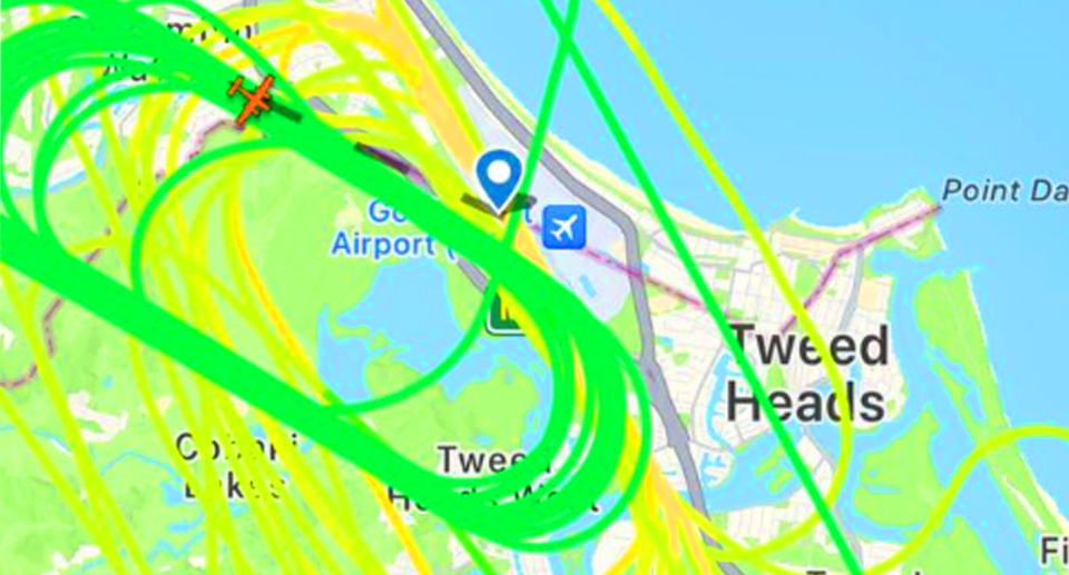 A map showing the plane's flight path in the hour prior to landing at Gold Coast Airport. 