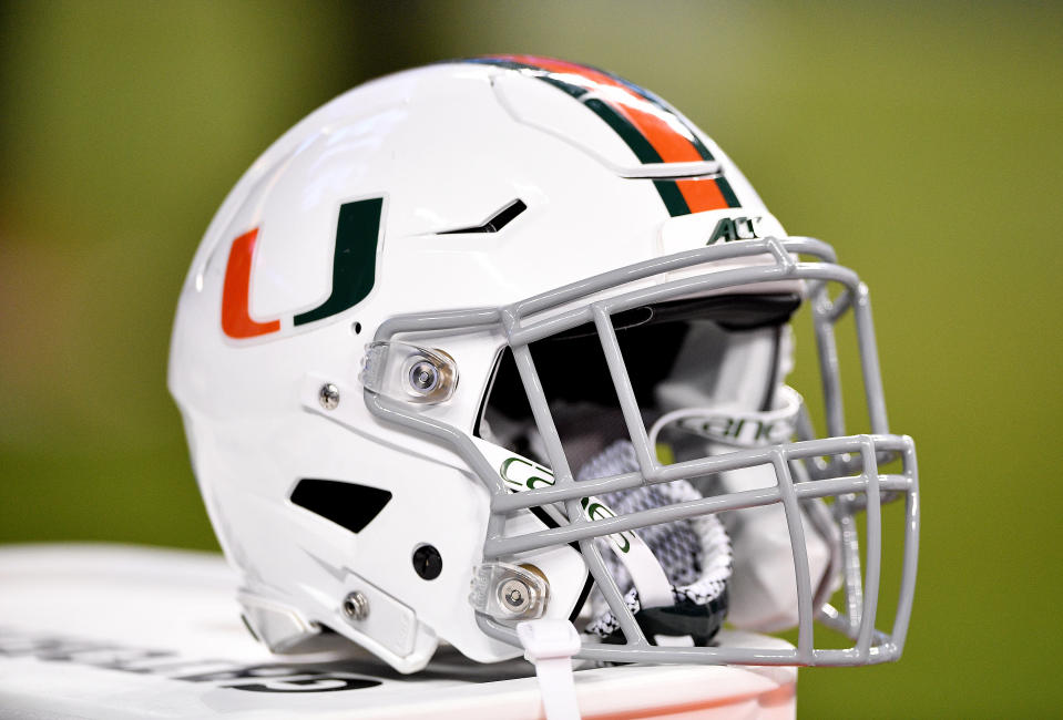 MIAMI, FLORIDA - NOVEMBER 23:  A general view of the Miami Hurricanes helmet with a gray facemask during the game against the FIU Golden Panthers in the second half at Marlins Park on November 23, 2019 in Miami, Florida. (Photo by Mark Brown/Getty Images)