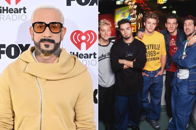 <p>Gilbert Flores/Billboard via Getty Images; Tim Roney/Getty Images</p> AJ McLean at the iHeartRadio Music Awards in Los Angeles on April 1, 2024 and *NSYNC in January 2000