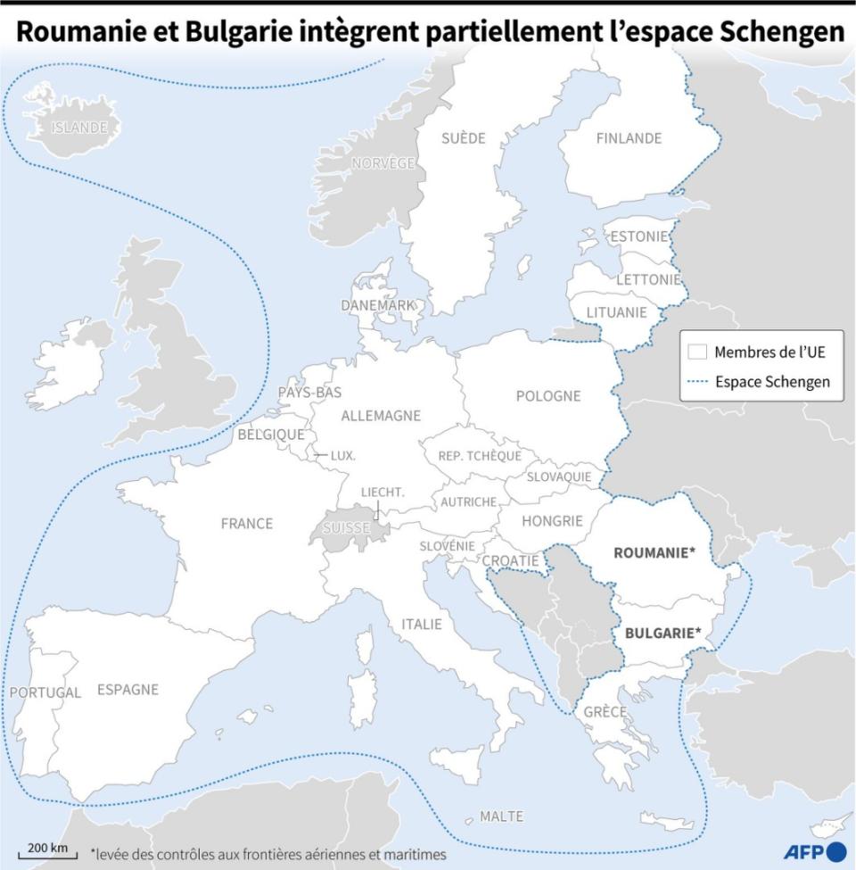 <span>Carte de l'Union européenne et de l'espace Schengen après l'intégration partielle de la Roumanie et de la Bulgarie dans l'espace libre de circulation le 31 mars 2024</span>