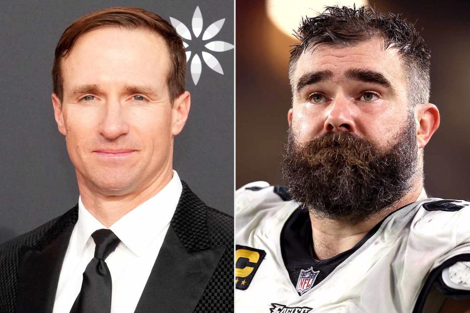 <p>Jeff Kravitz/FilmMagic; Perry Knotts/Getty </p> Drew Brees, Jason Kelce