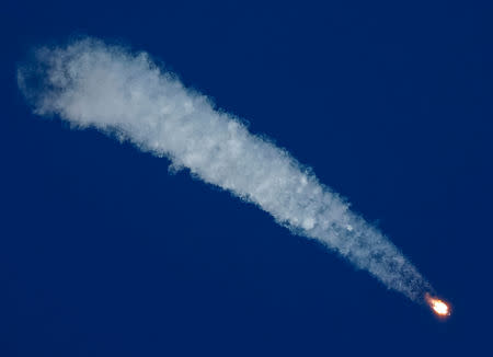 The Soyuz MS-10 spacecraft carrying the crew of astronaut Nick Hague of the U.S. and cosmonaut Alexey Ovchinin of Russia blasts off to the International Space Station (ISS) from the launchpad at the Baikonur Cosmodrome, Kazakhstan October 11, 2018. REUTERS/Shamil Zhumatov