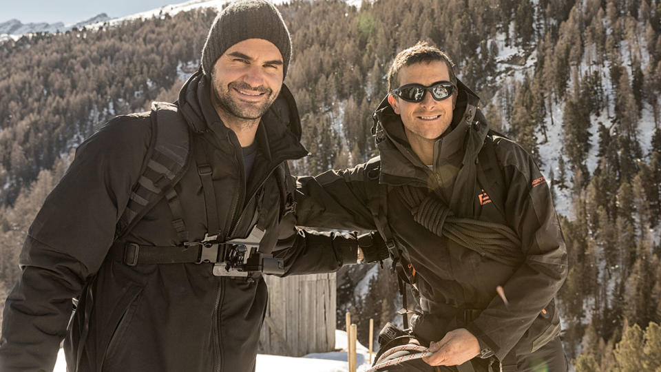 Roger Federer and Bear Grylls. (Photo by: Ben Simms/NBC/NBCU Photo Bank via Getty Images)