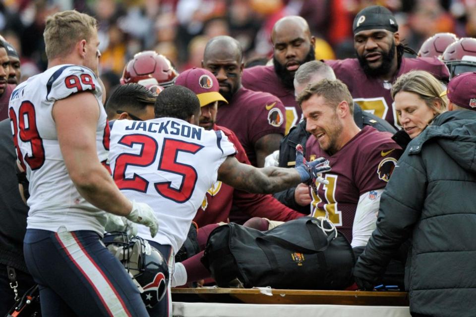 Alex Smith suffered a season-ending injury in the loss to the Texans on Sunday (AP)