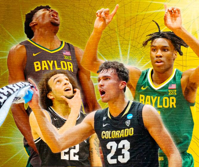 Potential first-round draft targets for the Lakers (clockwise from top left) Baylor's Yves Missi, Baylor's Jakobe Walter, Colorado's Tristan Da Silva and Providene's Devin Carter.