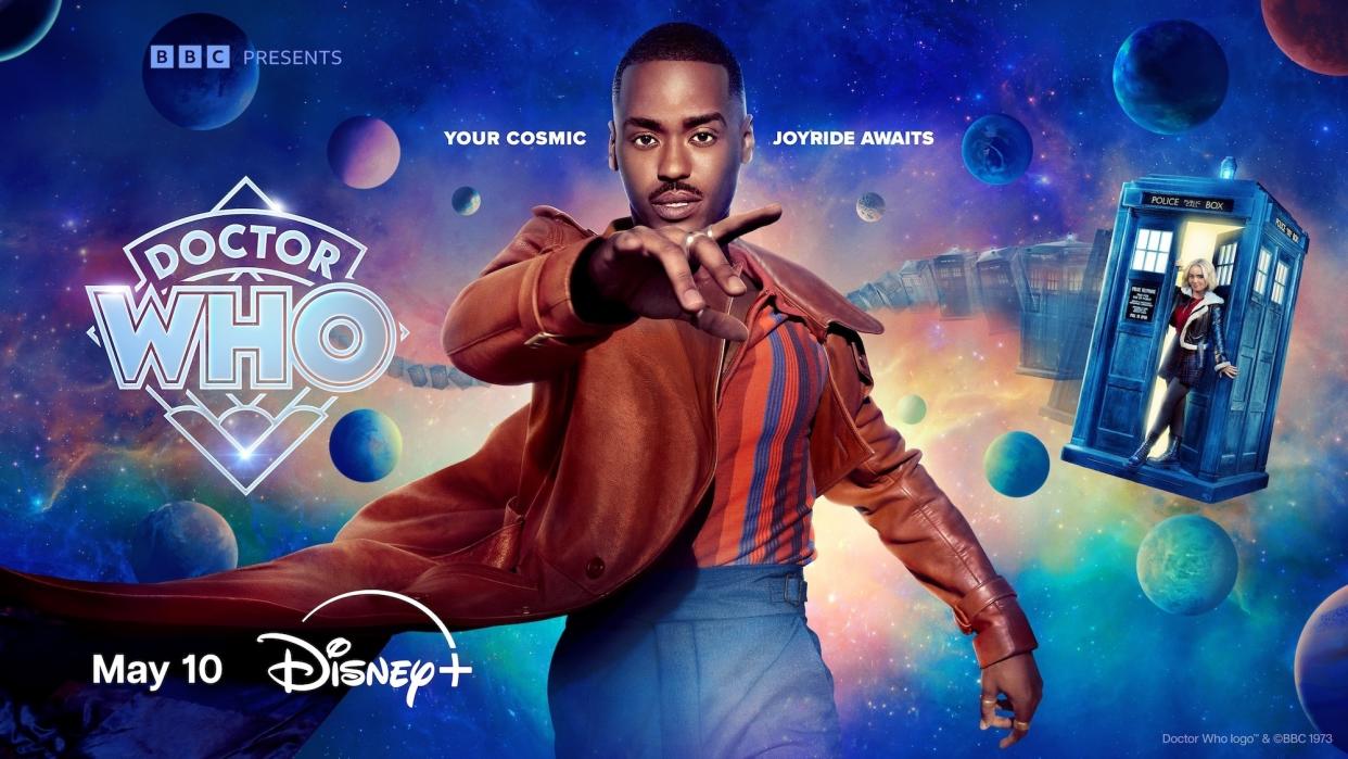  The key art for Doctor Who season 14 on Disney Plus, featuring Ncuti Gatwa with an outstretched hand. 