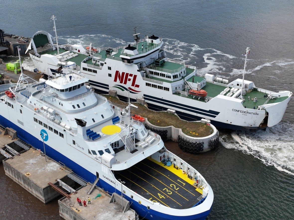 MV Saaremaa 1, bottom left, is shown beside MV Confederation in Caribou, N.S. The Saaremaa will take over the MV Holiday Island route between Caribou and Wood Islands, P.E.I. ( Patrick Morrell/CBC - image credit)