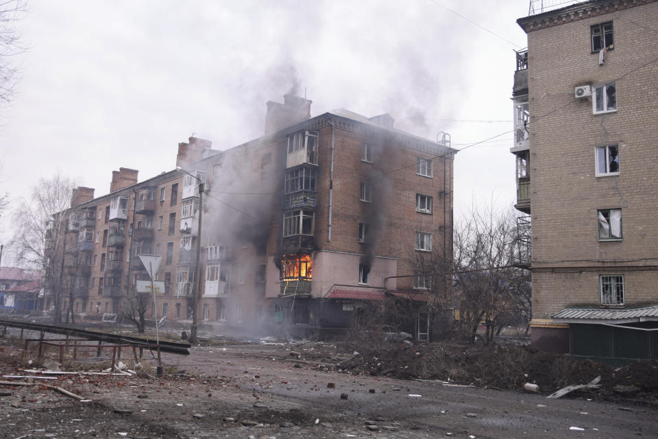 A view of the town of Bakhmut, the site of the heaviest battles with the Russian troops, Donetsk region, Ukraine, Monday, Feb. 27, 2023. (AP Photo/Yevhen Titov)