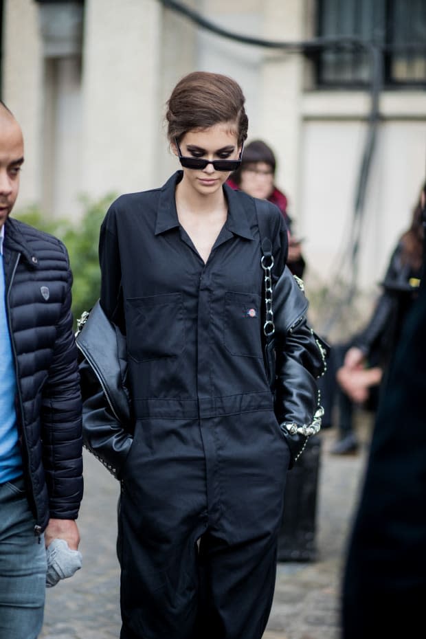 Kaia Gerber in a Dickies jumpsuit at Paris Fashion Week.<p>Photo: Christian Vierig/Getty Images</p>