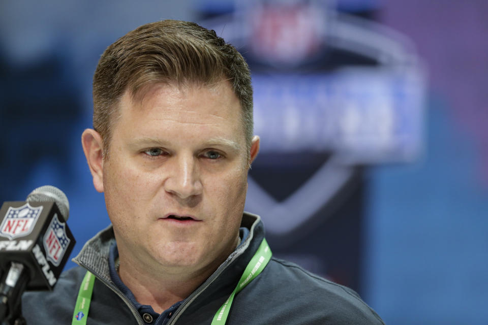 FILE - In this Feb. 25, 2020, file photo, Green Bay Packers general manager Brian Gutekunst speaks during a press conference at the NFL football scouting combine in Indianapolis. Gutekunst and coach Matt LaFleur say they expect Aaron Rodgers to remain their team’s starting quarterback in 2021 and beyond. Gutekunst and LaFleur made those comments Monday, Feb. 1,m 2021, during season-ending Zoom sessions with reporters. (AP Photo/Michael Conroy, File)