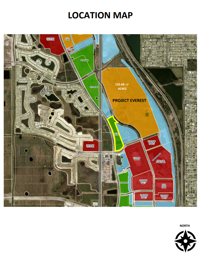A map shows the proposed located of a new "entertainment district" in Southern Grove, near Tradition, outlined in yellow. Lots filled in red are occupied, lots filled in yellow are under contract and lots filled in green are available.