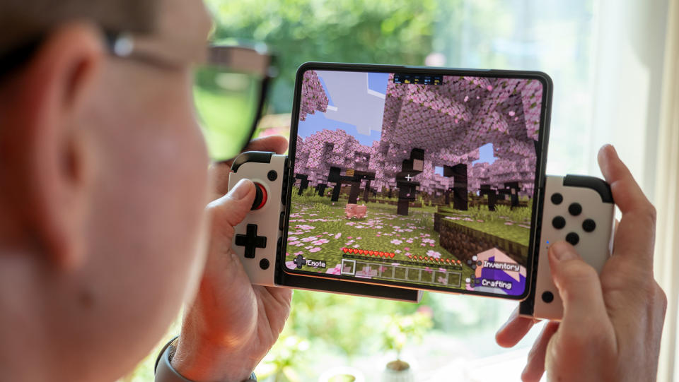 Playing Minecraft on a Samsung Galaxy Z Fold 5 using a GameSir X2 controller