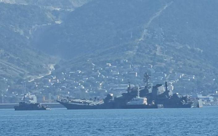 Russia's Olenegorsky Gornyak appears to be listing to port after an alleged Ukrainian attack