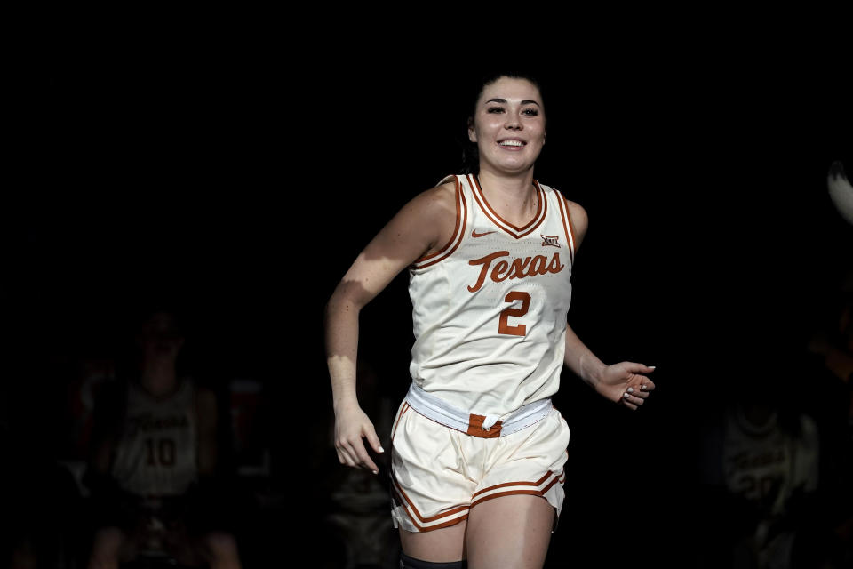 Texas guard Shaylee Gonzales is introduced before an NCAA college basketball game against Kansas State in the the Big 12 Conference tournament Friday, March 10, 2023, in Kansas City, Mo. (AP Photo/Charlie Riedel)