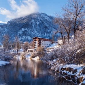 Leavenworth, WA USA - December 20th, 2017. Waterfront park is one of the best places in Leavenworth. Trails wind along the Wenatchee river and through quiet riverbank forests.