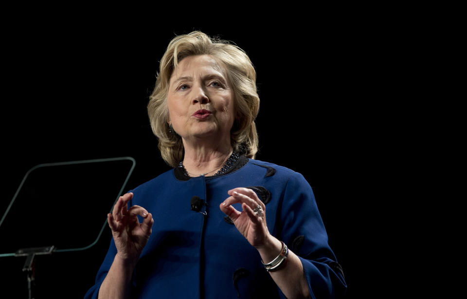 Former secretary of state Hillary Clinton speaks to a group of supporters and University of Miami students at UM in Coral Gables, Fla., Wednesday, Feb. 26, 2014. (AP Photo/J Pat Carter)