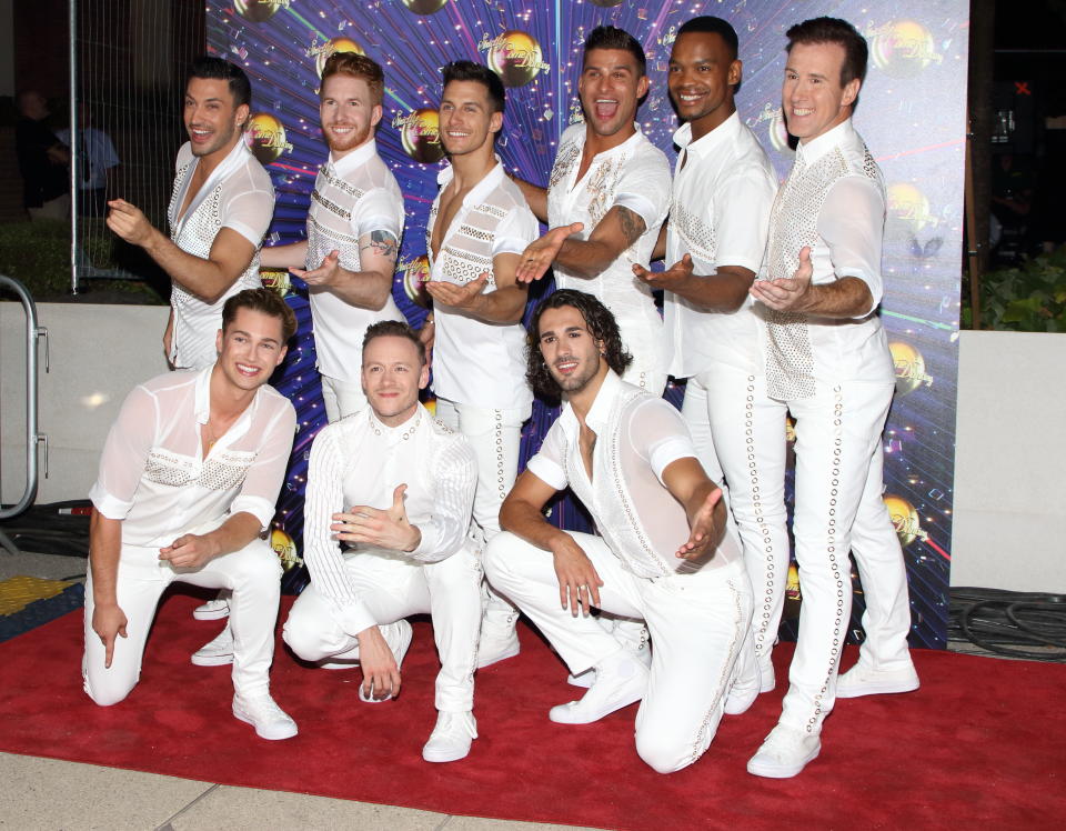 LONDON, UNITED KINGDOM - 2019/08/26: Giovanni Pernice, Neil Jones, Gorka Marquez, Aljaz Skorjanec, Johannes Radebe, Anton du Beke, AJ Pritchard, Kevin Clifton and Graziano Di Prima at the Strictly Come Dancing Launch at BBC Broadcasting House in London. (Photo by Keith Mayhew/SOPA Images/LightRocket via Getty Images)