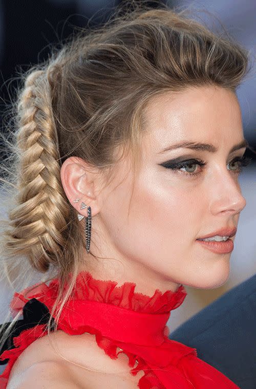 The American actress looked STUNNING with her cat eye shadow, pinned up fishtail braid and matching earrings at the <i>Magic Mike XXL</i> premiere in London. Ten points.