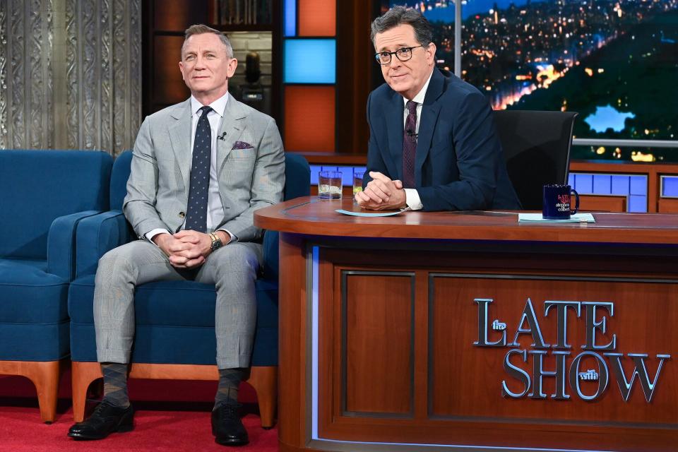 The Late Show with Stephen Colbert and guest Daniel Craig during Monday’s November 21, 2022 show.