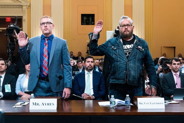 Stephen Ayres (left), who entered the U.S. Capitol illegally on Jan. 6, 2021, and Jason Van Tatenhove, a former spokesperson for the Oath Keepers and close aide to Oath Keepers founder Stewart Rhodes, are sworn before Tuesday's hearing of the House select committee investigating the U.S. Capitol riot. (Photo: Demetrius Freeman-Pool/Getty Images)