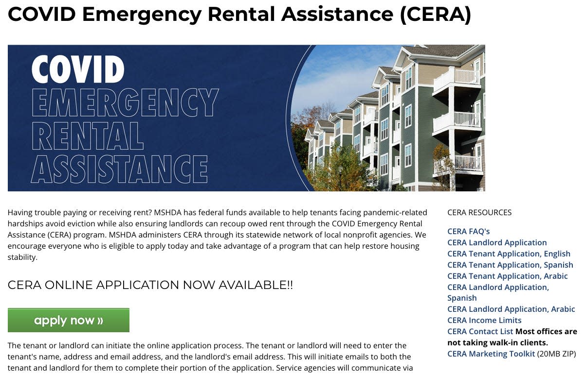 The Michigan State Housing Development Authority's webpage for the COVID Emergency Rental Assistance program is pictures in this screenshot.