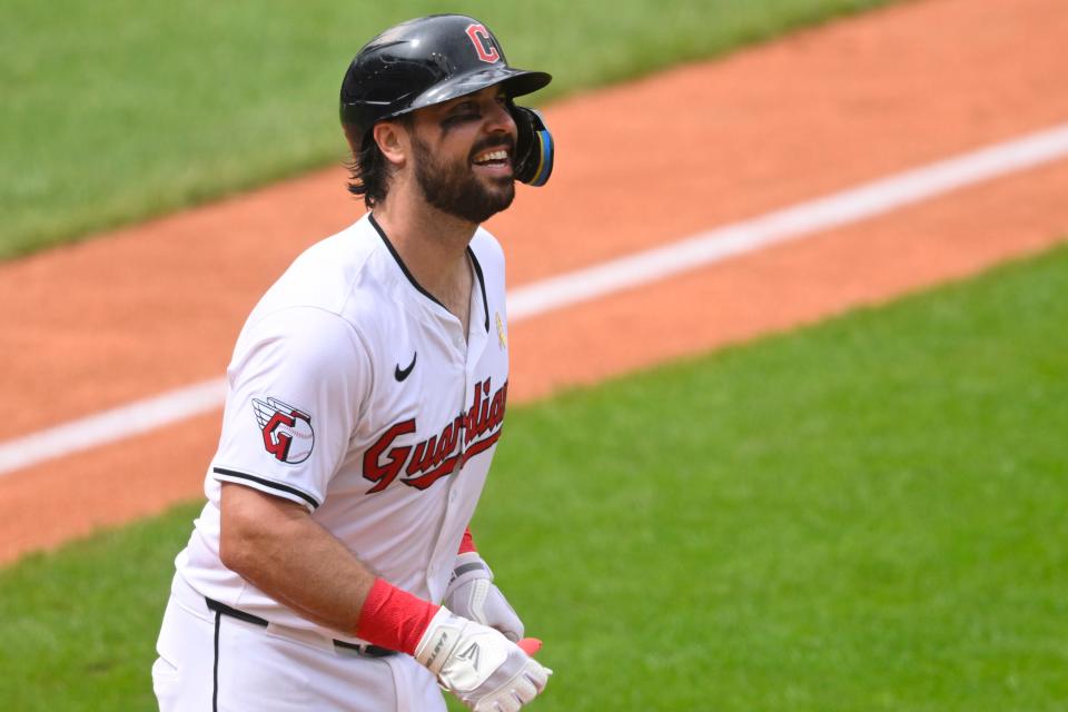 Sep 1, 2024; Cleveland, Ohio, USA; Cleveland Guardians catcher Austin Hedges (27) reacts after being hit by a pitch in the second inning against the Pittsburgh Pirates at Progressive Field. Mandatory Credit: David Richard-USA TODAY Sports