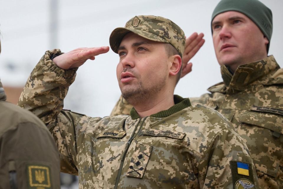 Major General Kyrylo Budanov Ukraine’s military intelligence chief, center, attends a commemorative event on the occasion of the Russia Ukraine war one year anniversary in Kyiv, Ukraine in February (AP)