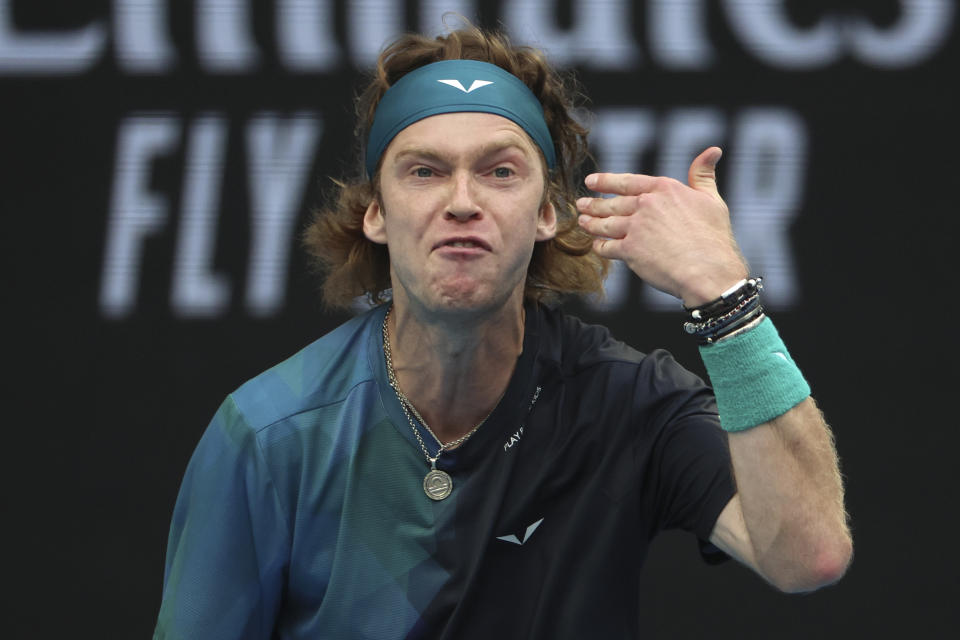 Andrey Rublev of Russia reacts during his first round match against Thiago Seyboth Wild of Brazil at the Australian Open tennis championships at Melbourne Park, Melbourne, Australia, Sunday, Jan. 14, 2024. (AP Photo/Asanka Brendon Ratnayake)
