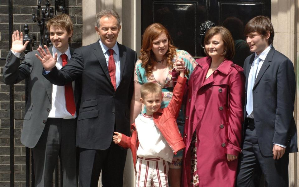 Tony Blair with his family, including Euan, on the steps of 10 Downing Street, as he left office for the last time (Stefan Rousseau/PA) (PA Archive)