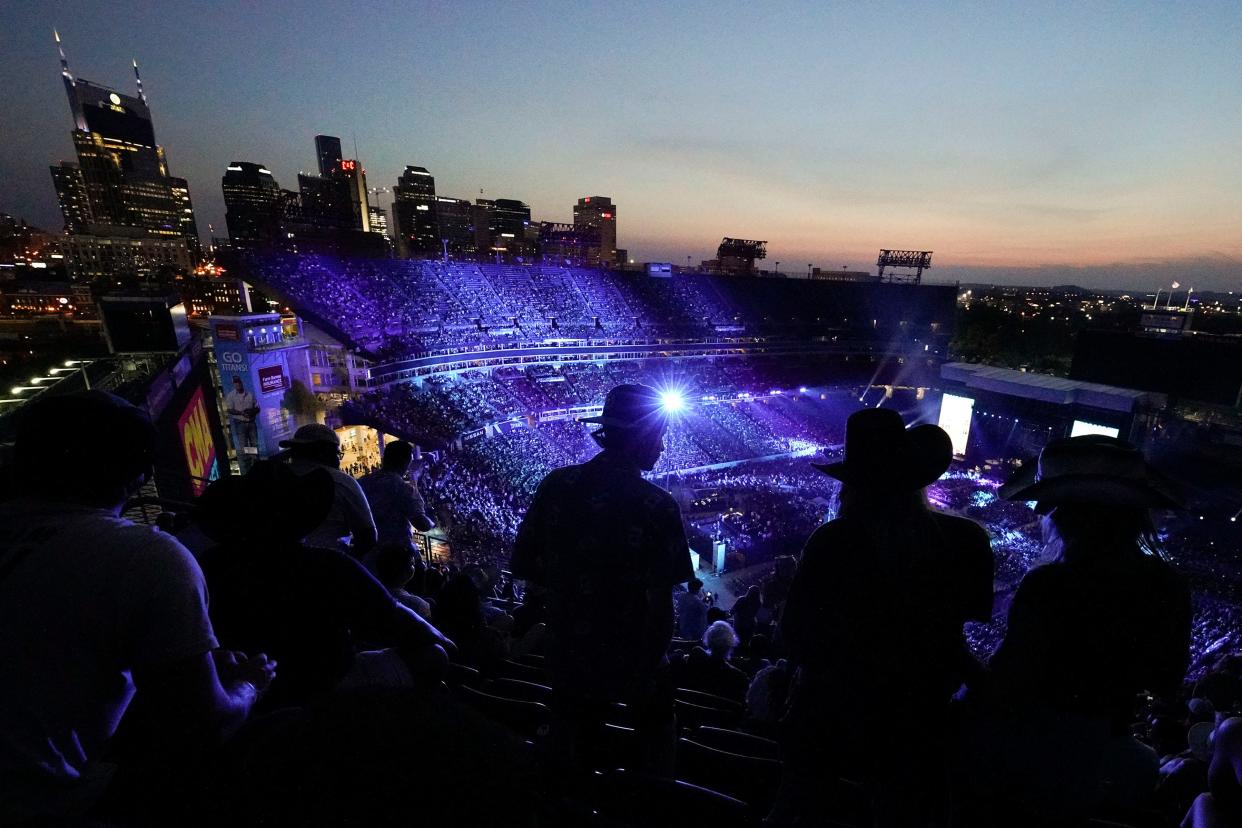 The Nashville skyline is seen outside of Nissan Stadium during CMA Fest on June 12, 2022.